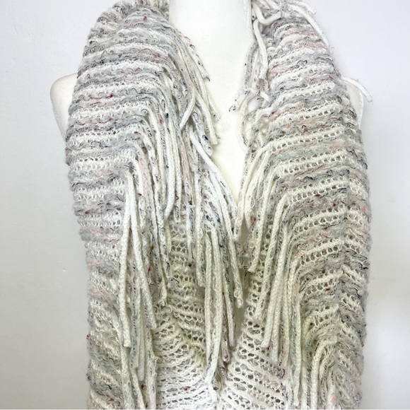 Infinity Scarf Stripes Beige Knited Fringe Bohemian Oversized Wrap - Picture 5 of 14